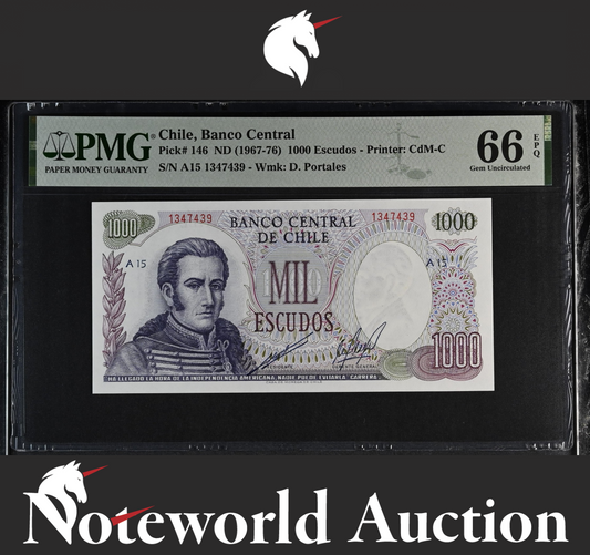 Chile Banco Central 1000 Escudos 1967-76 P 146 UNC PMG 66 EPQ 2nd TOP POP