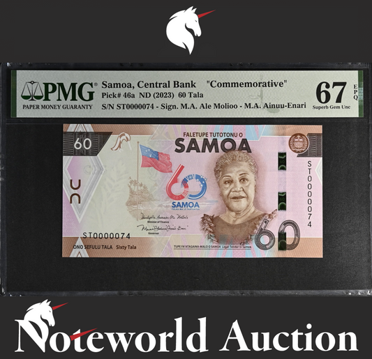 Samoa Commemorative 60 Tala ND 2023 P 46a LOW No. 74 UNC PMG 67 EPQ 3rd TOP POP