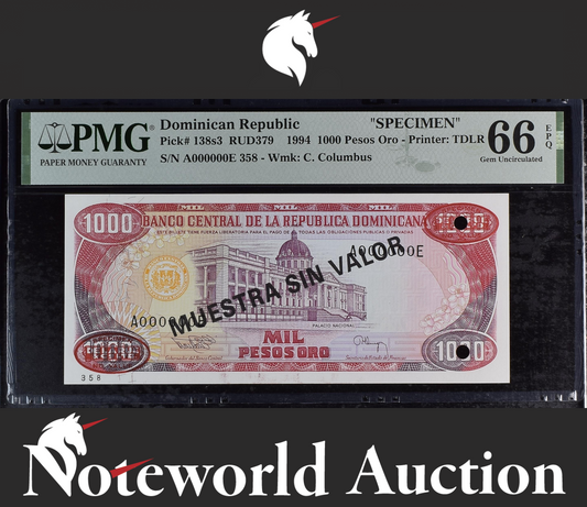 Dominican Republic SPECIMEN 1000 Pesos 1994 P 138s3 UNC PMG 66 EPQ 2nd TOP POP