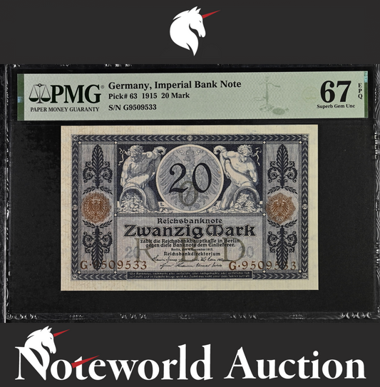 Germany Imperial Bank Note 20 Mark 1915 P 63 UNC PMG 67 EPQ TOP POP