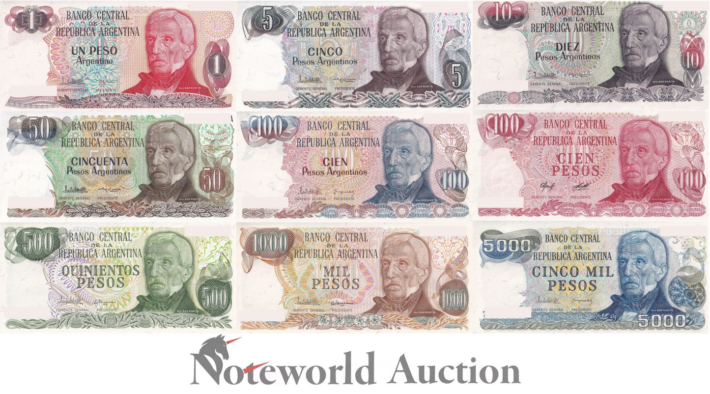 ARGENTINA 1 5 10 50 100-5000 Pesos ND 1976-1985 P 302-315 Set 9 pcs UNC