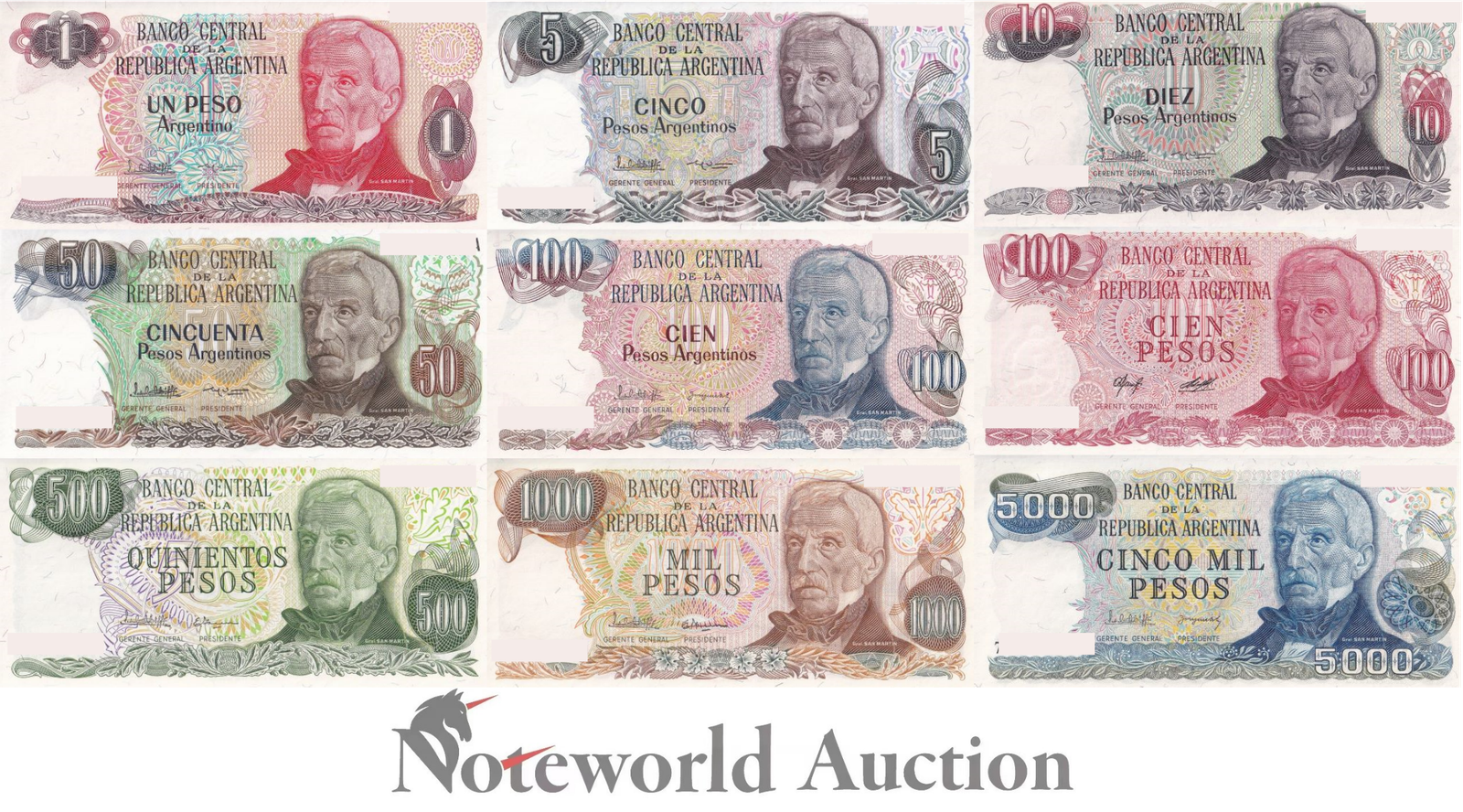ARGENTINA 1 5 10 50 100-5000 Pesos ND 1976-1985 P 302-315 Set 9 pcs UNC