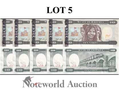 ERITREA 10 Nakfa 1997 P 3 Lot 5 pcs 1/20 Bundle UNC