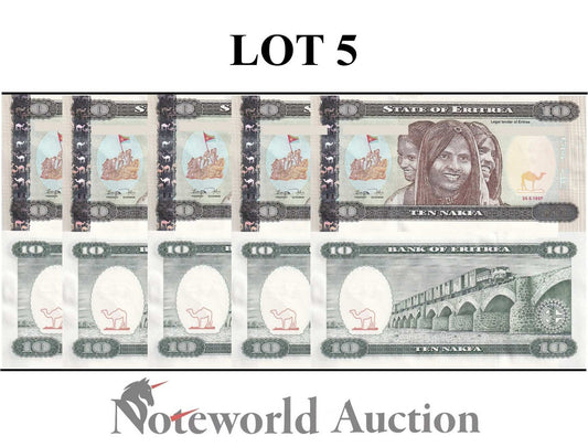 ERITREA 10 Nakfa 1997 P 3 Lot 5 pcs 1/20 Bundle UNC