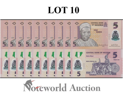 NIGERIA Lot 10 pcs 1/10 Bundle - 5 Naira 2009 P 38b(2) Polymer UNC