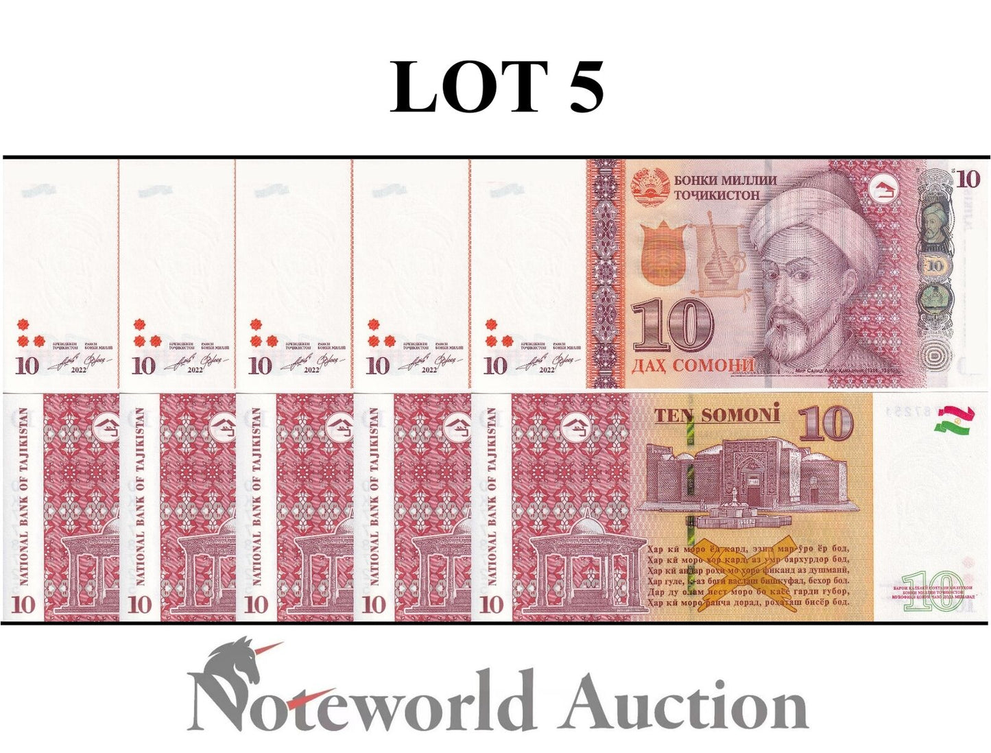 TAJIKISTAN Lot 5 pcs 1/20 Bundle - 10 Somoni 2022 / 2023 P 24 UNC