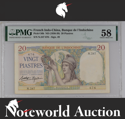 French Indo-China 20 Piastres ND (1936-39) P 56b AU PMG 58
