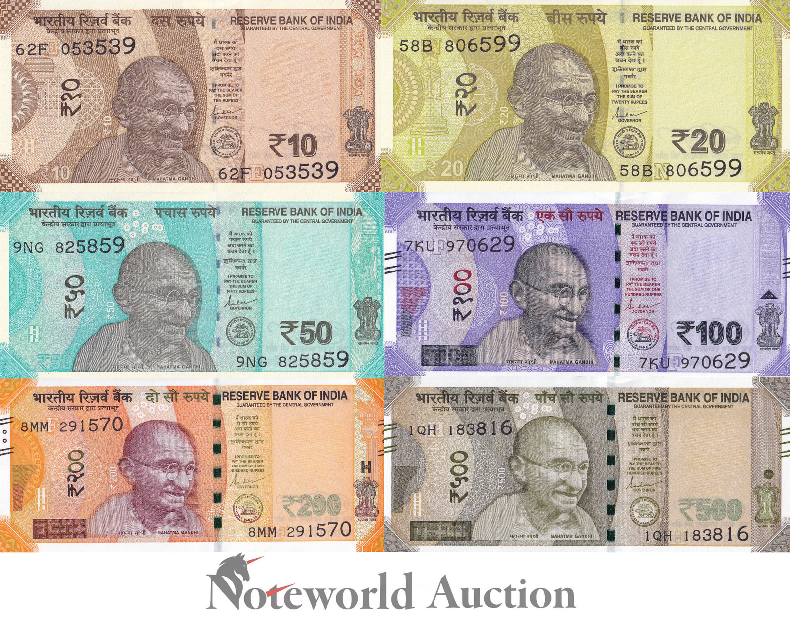 INDIA Set 6 pcs - 10 20 50 100 200 500 Rupees 2023 P 109 110 111 112 113 114 UNC