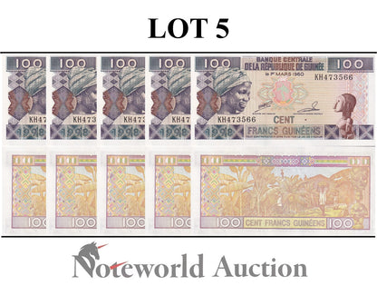 GUINEA 100 Francs 1998 P 35a Lot 5 pcs 1/20 Bundle UNC