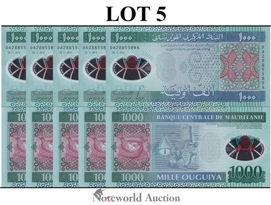 MAURITANIA 1000 Ouguiya 2014 P 19 Polymer  Lot 5 pcs 1/20 Bundle  UNC