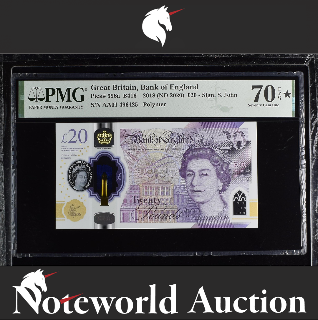 Great Britain, £20 2018 (2020) P 396a Polymer AA01 UNC TOP POP PMG 70 EPQ STAR