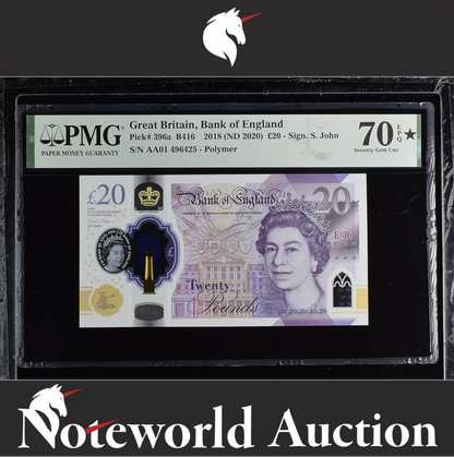 Great Britain, £20 2018 (2020) P 396a Polymer AA01 UNC TOP POP PMG 70 EPQ STAR