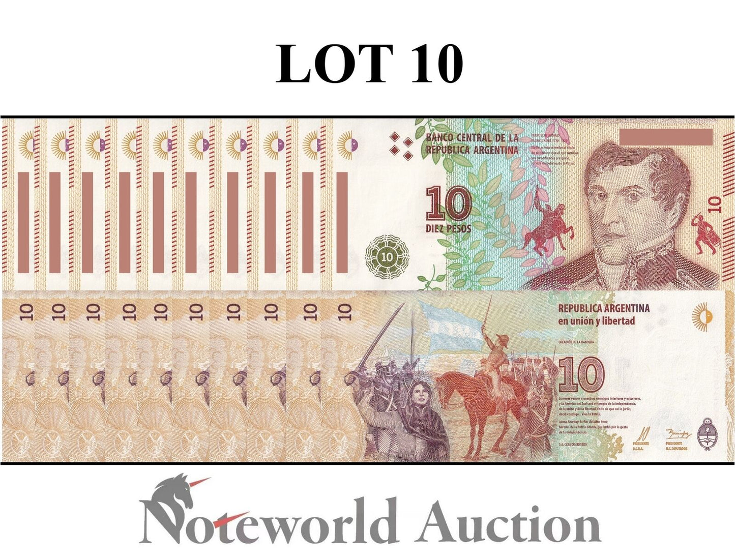 ARGENTINA Lot 10 pcs 1/10 Bundle -  10 Pesos ND 2016 P 360 UNC