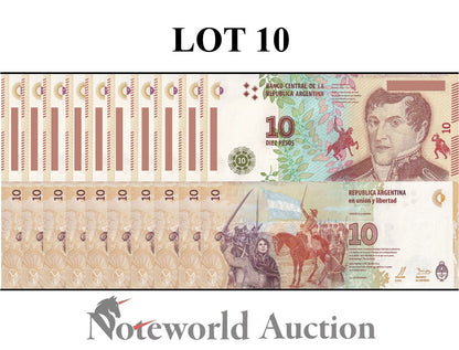 ARGENTINA Lot 10 pcs 1/10 Bundle -  10 Pesos ND 2016 P 360 UNC