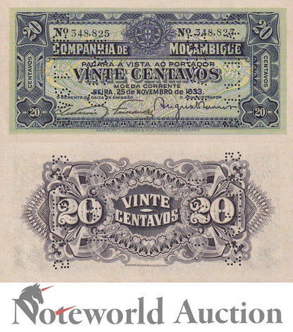 MOZAMBIQUE 20 Centavos 1933 P R29 MINOR FOXING Lot 10 pcs 1/10 Bundle UNC