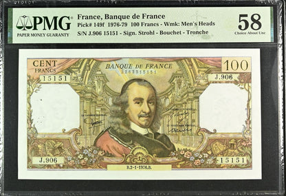 FRANCE 100 Francs (1976) 1976-79 P 149f Pinholes Fancy Radar NO.15151 AU PMG 58