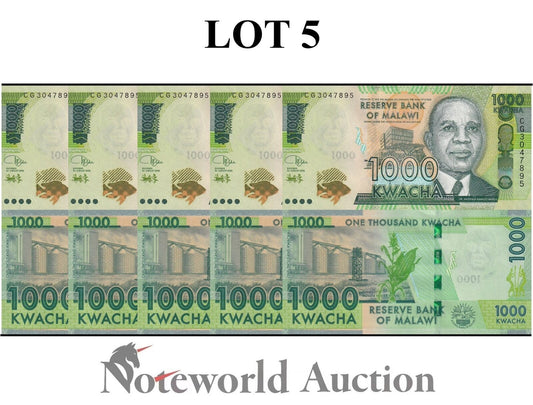 MALAWI 1000 Kwacha 2020 P 67 Lot 5 pcs 1/20 Bundle  UNC