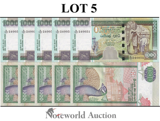 SRI LANKA Lot 5 pcs 1/20 Bundle - 1000 Rupees 2006 P 120d UNC