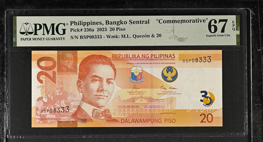 PHILIPPINES Commemorative 20 2023 P 236a Match Last No. 08333 UNC PMG 67 EPQ