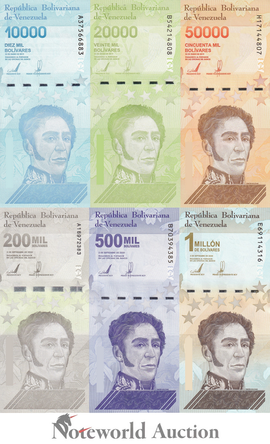 VENEZUELA Set 6 pcs - 10000 20000 50k-500k 1 Million 2019-2020 P 109-114 UNC