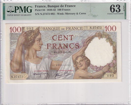 FRANCE 100 Francs 1939-42 P 94 UNC PMG 63 EPQ