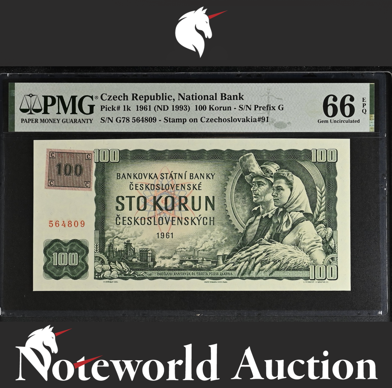 Czech 100 Korun 1961 (ND 1993) P 1k Stamp on P 91 UNC PMG 66 EPQ NR No Reserve