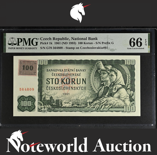 Czech 100 Korun 1961 (ND 1993) P 1k Stamp on P 91 UNC PMG 66 EPQ NR No Reserve