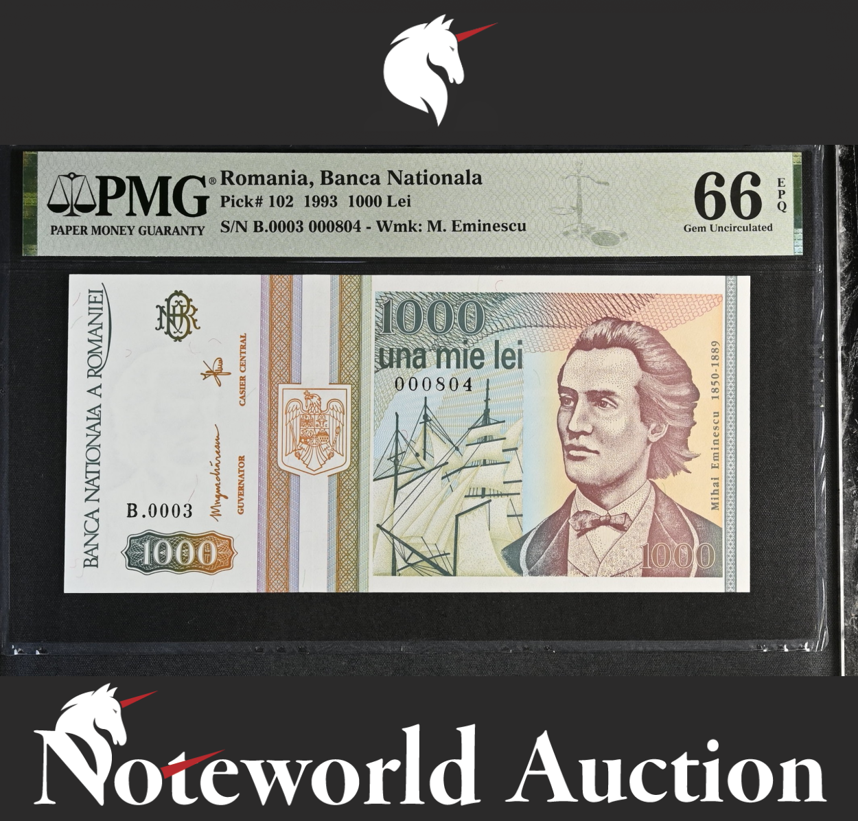 Romania Banca Nationala 1000 Lei 1993 P 102 LOW S/N 000804 UNC PMG 66 EPQ NR