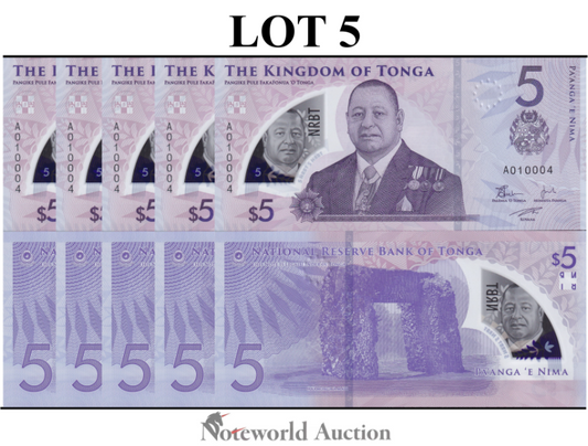 TONGA 5 Pa'anga ND (2023) P 51 New Polymer Lot 5 pcs 1/20 Bundle UNC