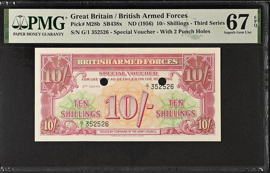 GREAT BRITAIN 10/- Shilling 1956 P M28b W/ Holes 2nd Top POP UNC PMG 67 EPQ