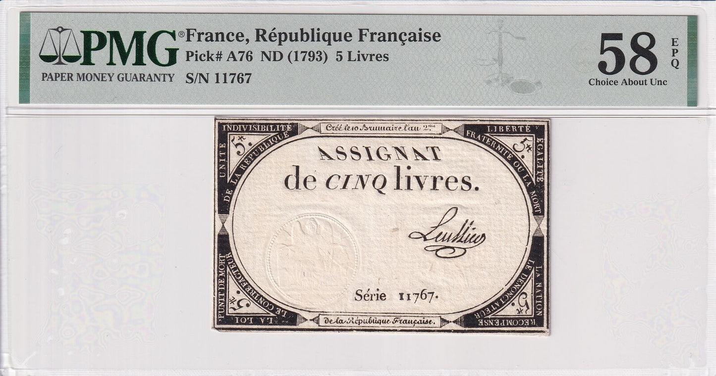 FRANCE 5 Livres 1793 P A76 AU PMG 58 EPQ