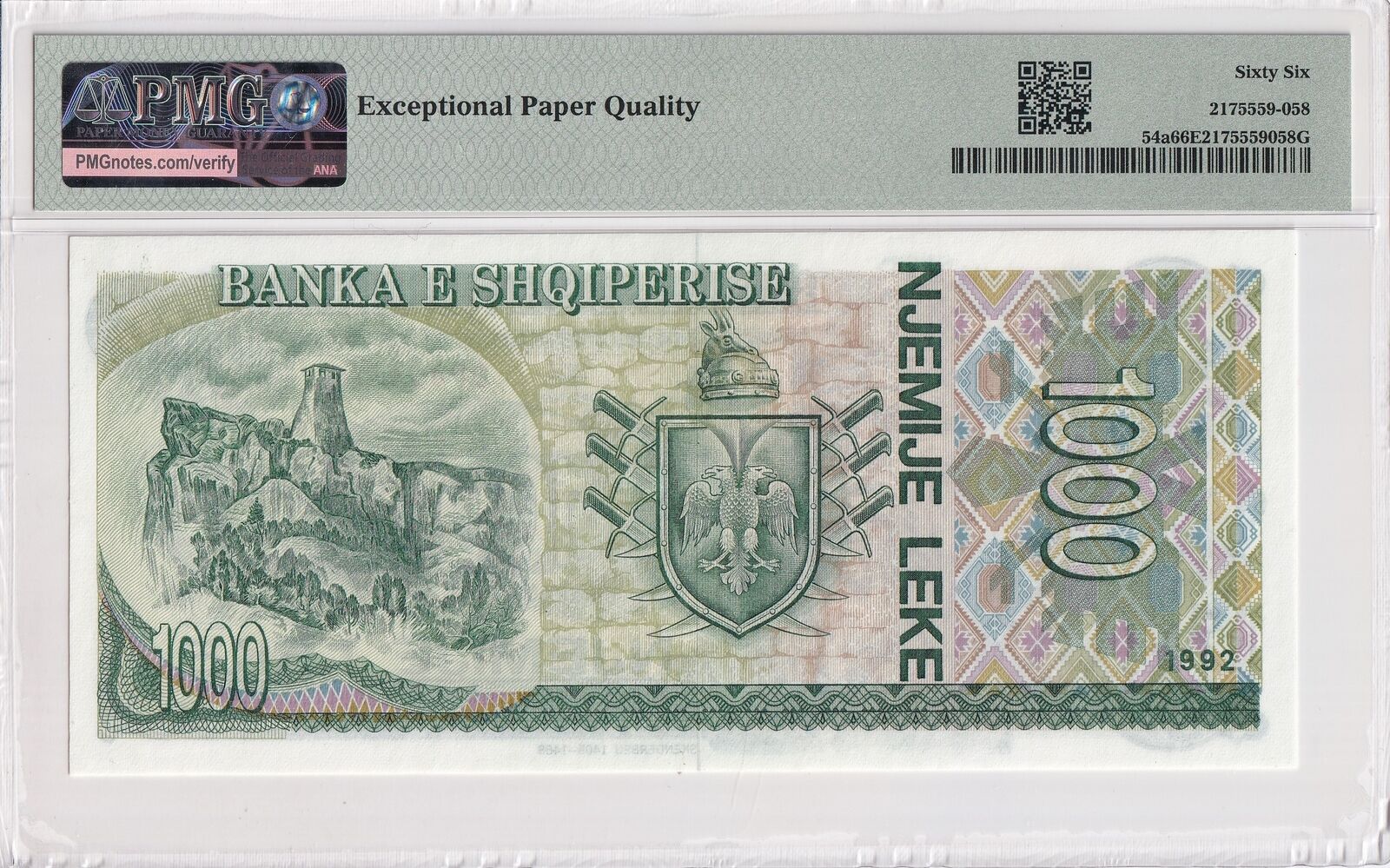 ALBANIA 1000 Leke 1992 P 54a Red Initials 2nd Top POP UNC PMG 66 EPQ