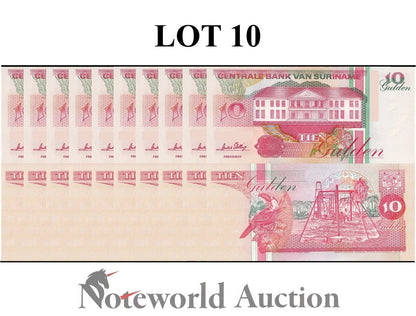 SURINAME Lot 10 pcs 1/10 Bundle - 10 Gulden 1996 P 137b UNC