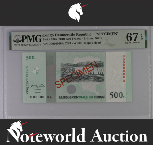 Congo SPECIMEN COMM. 500 Francs 2010 P 100s UNC PMG 67 EPQ 2nd TOP POP
