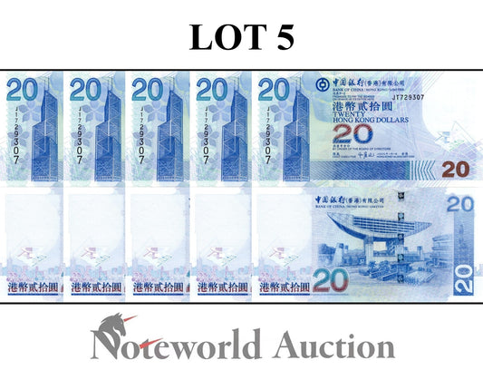 HONG KONG Lot 5 pcs 1/20 Bundle - 20 Dollars 2009 P 335f BOC UNC