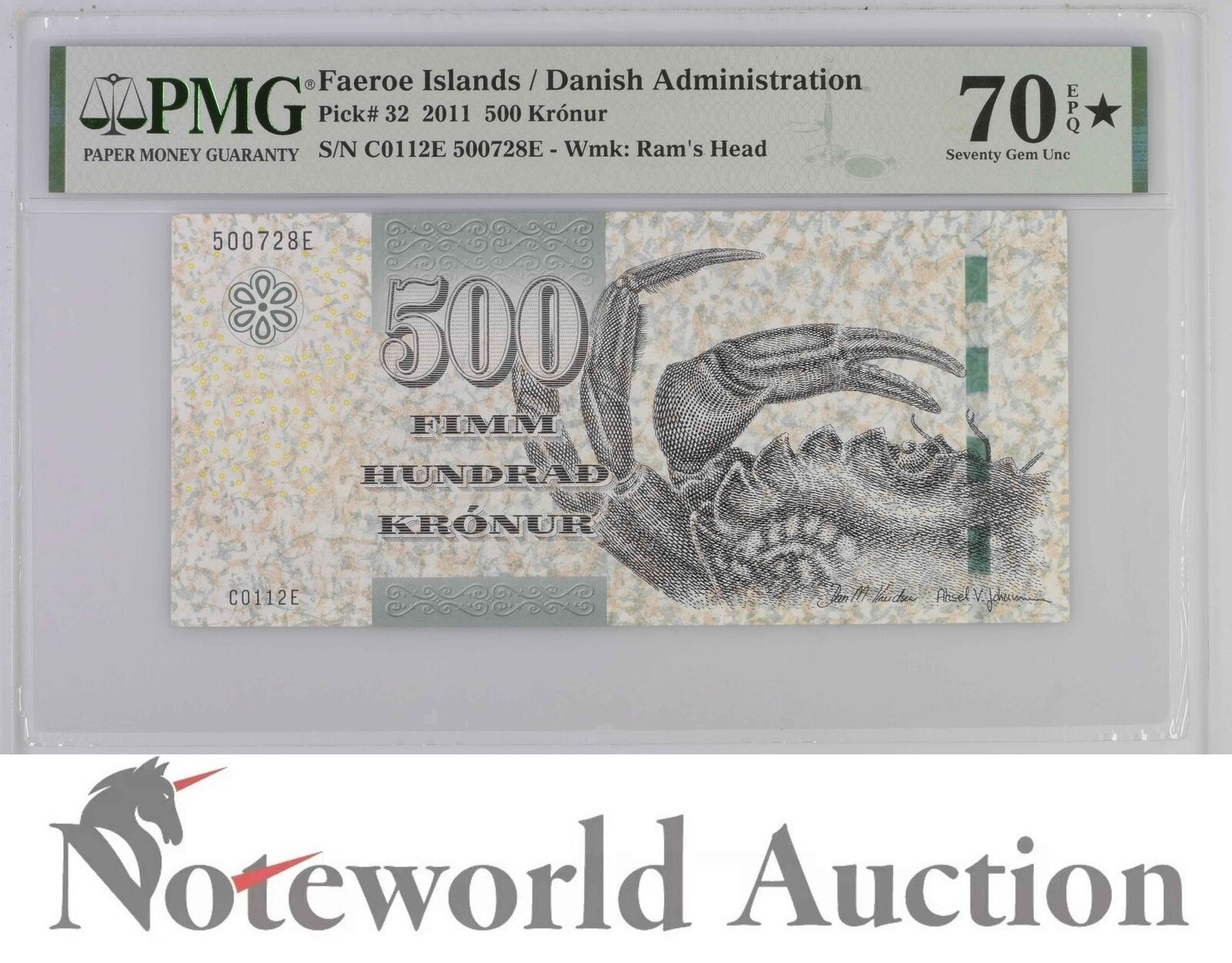 Faeroe Islands 500 Kronur 2011 P 32 Gem UNC TOP POP PMG 70 EPQ Extra Star