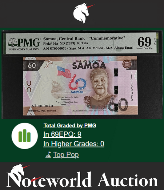 Samoa Commemorative 60 Tala ND (2023) P 46a LOW NO. 70 UNC PMG 69 EPQ TOP POP