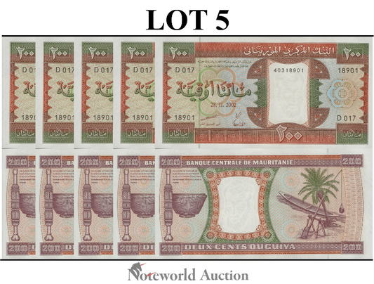 MAURITANIA 200 Ouguiya 2002 P 5j  Lot 5 pcs 1/20 Bundle UNC