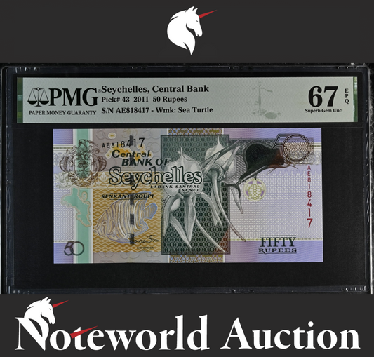 Seychelles Central Bank 50 Rupees 2011 P 43 UNC PMG 67 EPQ 2nd TOP POP