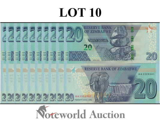 ZIMBABWE Lot 10 pcs 1/10 Bundle - 20 Dollars 2020 P 104 UNC
