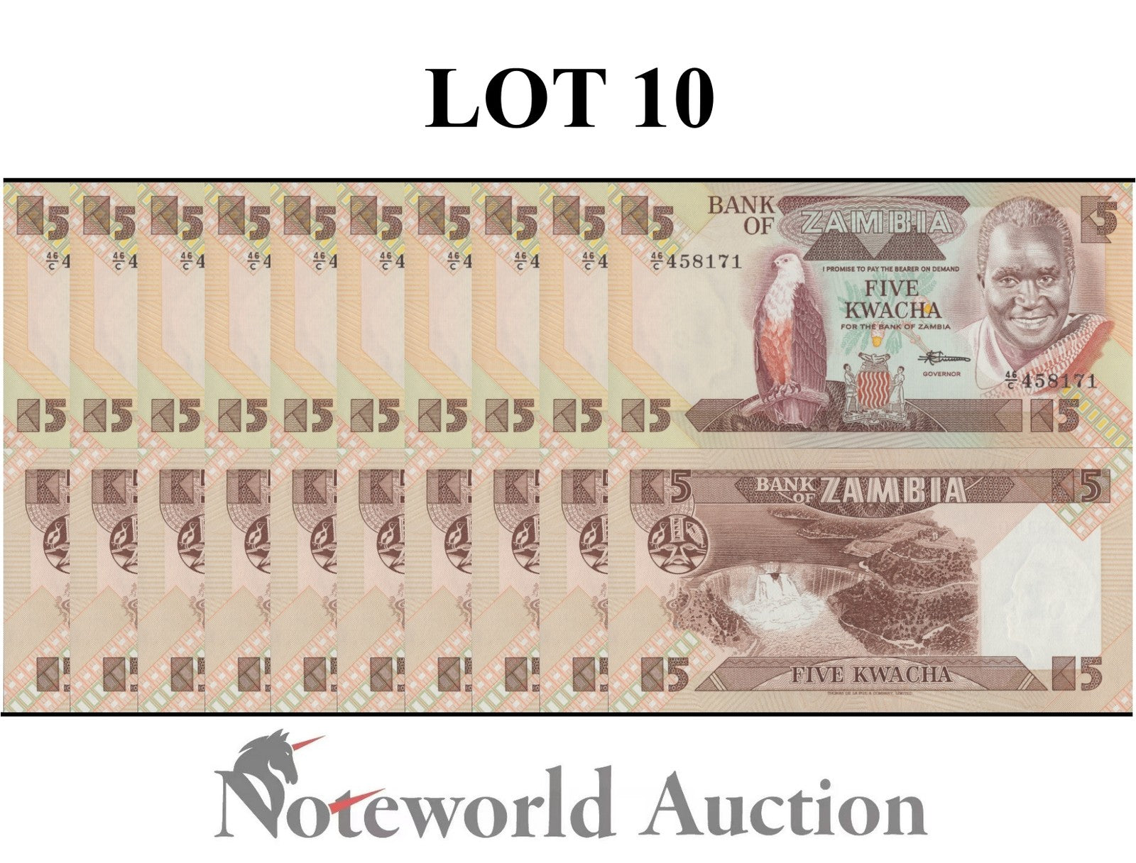 ZAMBIA 5 Kwacha ND 1980-1988 P 25 Lot 10 pcs 1/10 Bundle UNC