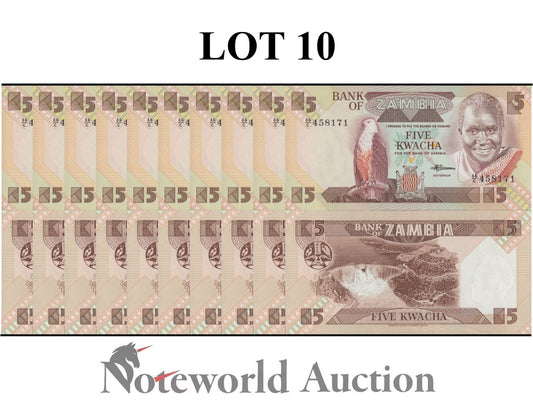 ZAMBIA 5 Kwacha ND 1980-1988 P 25 Lot 10 pcs 1/10 Bundle UNC