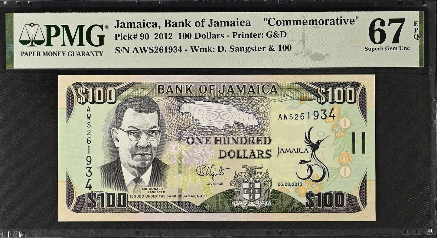 Jamaica Commemorative 100 Dollars 2012 P 90 UNC PMG 67 EPQ