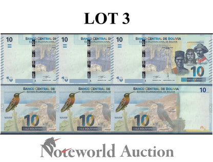 BOLIVIA 10 Bolivianos 1986 ND 2018 P 248 Series A New Series Lot 3 pcs UNC
