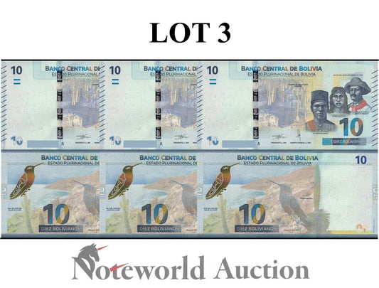 BOLIVIA 10 Bolivianos 1986 ND 2018 P 248 Series A New Series Lot 3 pcs UNC