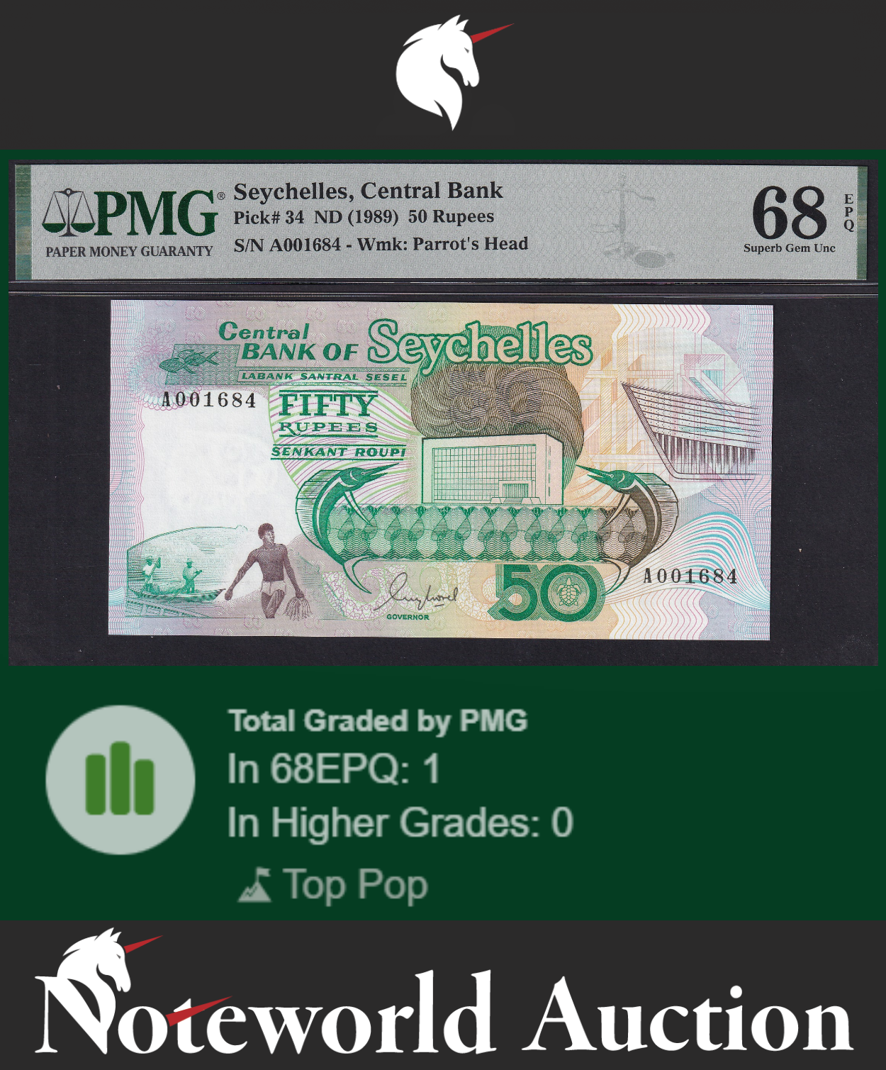 Seychelles Central Bank 50 Rupees ND (1989) P 34 UNC PMG 68 EPQ TOP POP