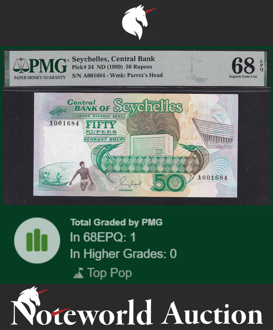 Seychelles Central Bank 50 Rupees ND (1989) P 34 UNC PMG 68 EPQ TOP POP