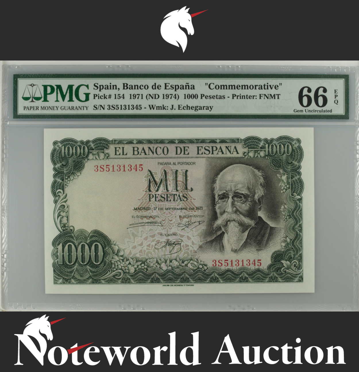 Spain Commemorative 1000 Pesetas 1971 (ND 1974) P 154 UNC PMG 66 EPQ 3rd TOP POP
