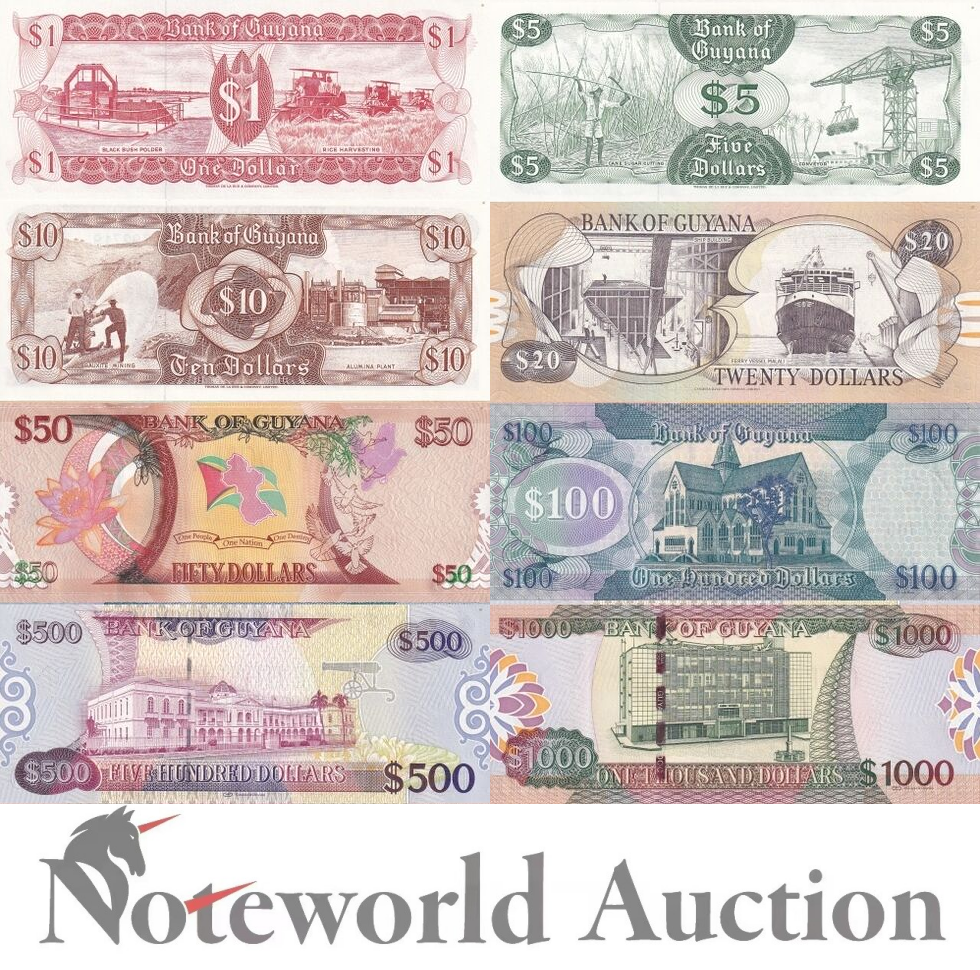 GUYANA Set 8 pcs - 1 5 10 20 50 100 500 1000 Dollars 1966-2016 P 21-41 UNC