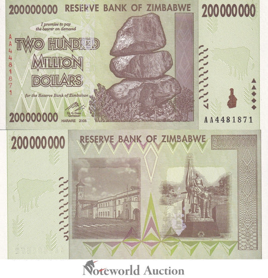 ZIMBABWE 200000000 Dollars 2008 P 81 First Prefix AA UNC